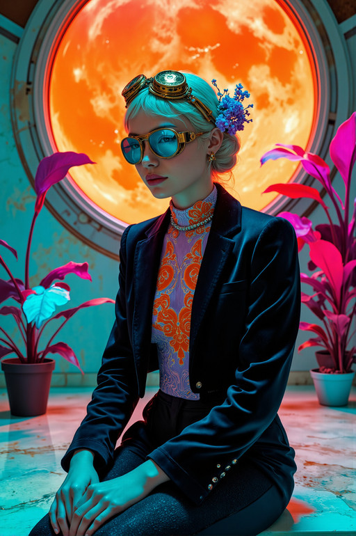 Hyper-realistic surrealist portrait photography, shot on a 85mm portrait lens with f/1.8 aperture for shallow depth of field, utilizing vibrant cinematographic lighting. High-definition textures, sharp focus on facial features, 8k resolution, ray-traced reflections.
A sophisticated surrealist muse sits with poise, wearing a high-fashion, avant-garde ensemble. She has a subtle, enigmatic half-smile that adds a spark of life to her serene gaze. She wears a high-necked, opaque bodysuit made of heavy electric indigo silk, embroidered with intricate, swirling arabesques in persimmon orange, layered under a structured, cropped obsidian black velvet jacket with sharp shoulders. Her neck is adorned with clean, organized strands of lavender mist pearls. Her head is crowned with a refined brass diadem featuring small, integrated clockwork accents and clusters of tiny, delicate magenta blossoms. Reflective aviator goggles with teal cyan lenses rest neatly on her forehead.
The setting is a physical, futuristic orbital observatory. Behind her, a massive circular viewing window frames a colossal, glowing persimmon orange planet. The room contains bioluminescent exotic plants in teal cyan, their leaves casting a soft glow. The floor is polished marble, reflecting the electric indigo and hot magenta of her outfit in the softly blurred background.
Psychedelic futurism, haute couture surrealism, bioluminescent elegance, celestial opulence.