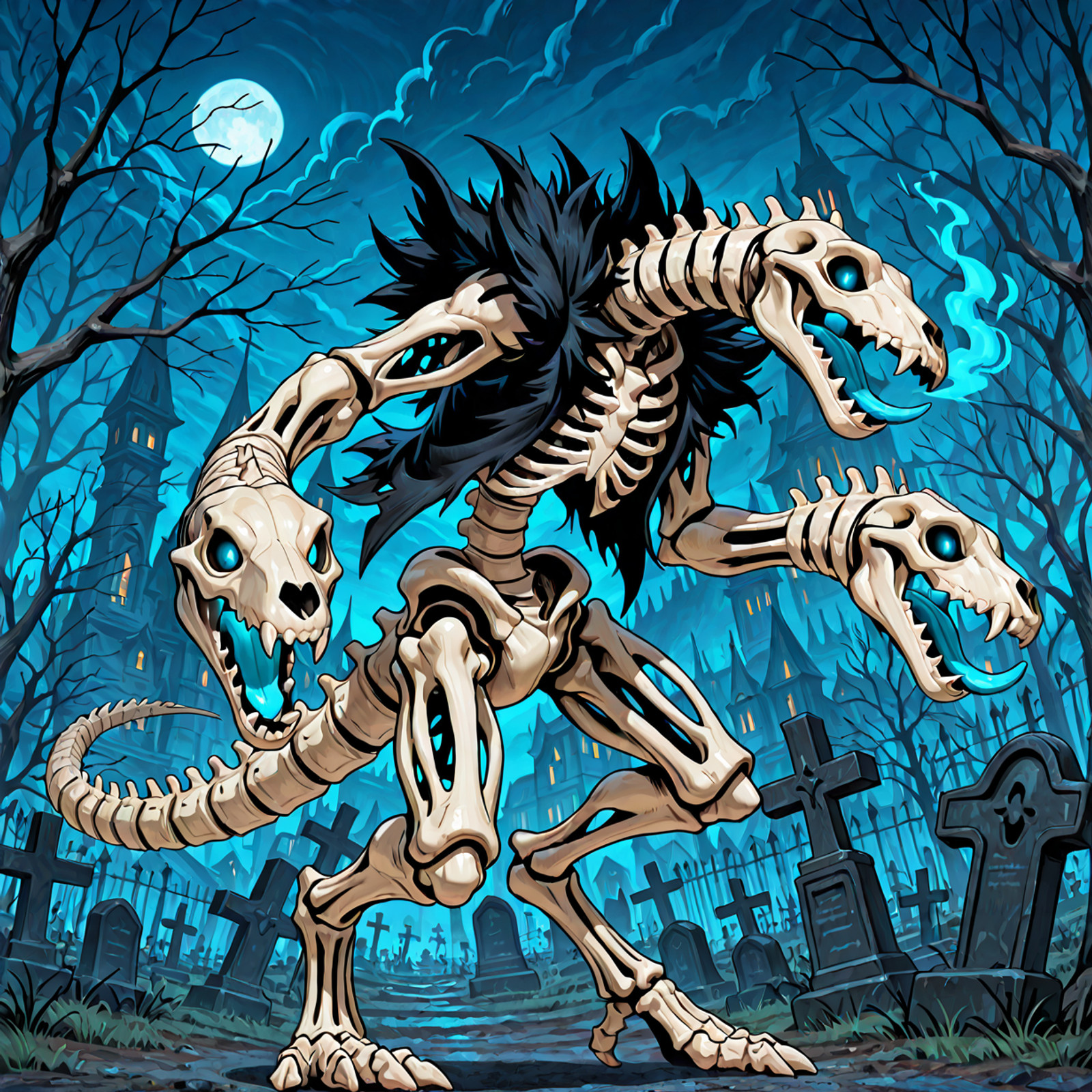 solo, 1boy, skeleton, blue eyes, blue tongue, full body, graveyard, night