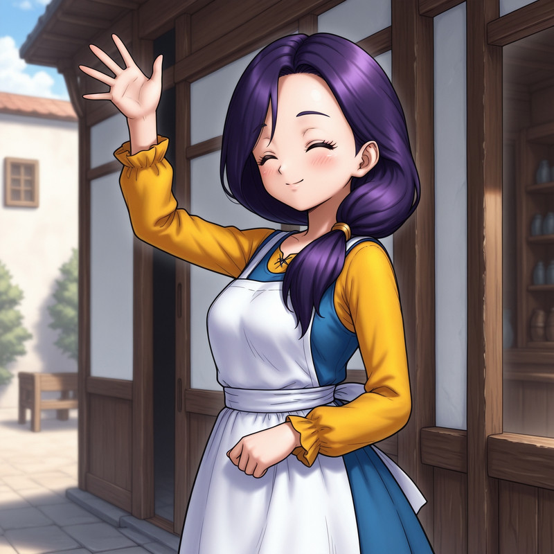 1girl,solo, <lora:DQ3_mother_ill_v1.00:1> d_q_3 mother, purple hair,low ponytail,hair over one shoulder, close