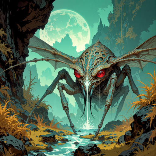 fantastic and supernatural scenery on a distant world, famous artwork inspired by john howe and alex maleew and abbott handerson thayer and mark riddick, fractal art, tranquil, dreamlike scenery, the "four-eyed aeldersnizzler", a disturbingly beautiful and zwengled moor-dwelling insectoid creature with elminstered hide decorated with striking patterns, they hunt wriggleflompedly among the snorglefumbling colorful hypnoferns and the otherworldly crumpyturbled flora of the wondrous swamps suspended in the mysterious ethereal mists of their dreamlike habitat on planet "alpha quartertaurus vi", creature focus, very aesthetic, extremely detailed, ultra high resolution, 8k, 4k, harmonising colors, wine red and mint green and taupe and navy blue and dark amethyst purple, ovg, in the style of ckpf, amanoer, <lora:style-painterly_fantasy-flux-by_chronoknight:0.76> <lora:style-retro_anime-flux-by_lizardman245:0.36> <lora:style-yoshitaka_amano-elden_ring-flux-by_alicient:0.52>