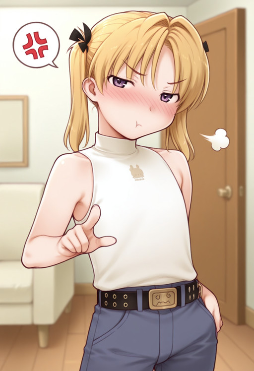 masterpiece, 1girl, solo, csato, blonde hair, twintails, medium hair, purple eyes, hair ribbon, flat chest, white shirt, sleeveless turtleneck, jeans, belt, blue pants, looking at viewer, blush, v-shaped eyebrows, standing, half-closed eyes, cowboy shot,indoors, blurry background, living room, spoken anger vein, pout, puff of air, blush, looking at viewer, pointing at viewer