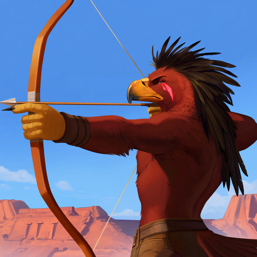 <lora:Anh3s_Anima:0.7> @anh3s
a cowboy, wild west theme, anthro ,furry , wild west theme, eagle , red paint on face, face tattoo , red Indian, brown eagle, holding a bow and arrow, spiky dark feathered hair, aiming with bow, from side, half closed eye, majestic, blue sky, roof top , wild west, cinematic, cowboy shot, 
, <lora:dark_art_style_Anima:0.2> <lora:eckiiaaoo_ap3:0.2> , solo,