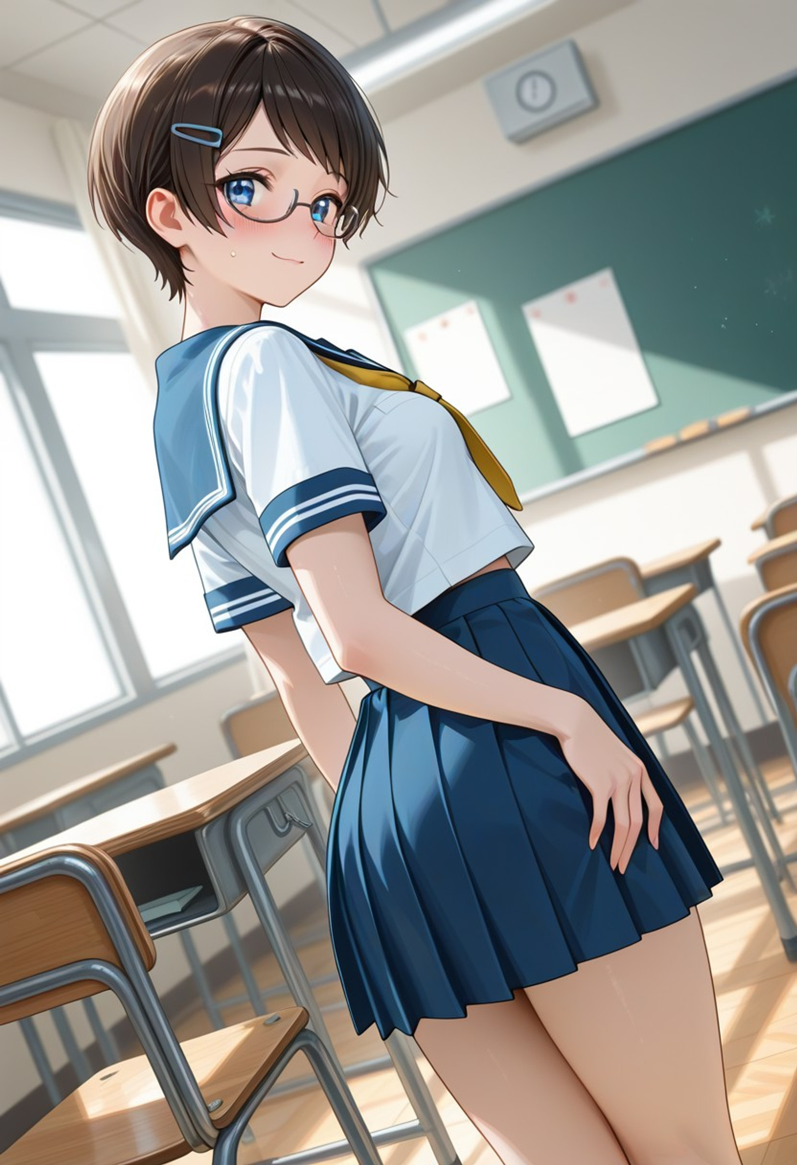 ((high quality:1.5), ((high resolution)), ((incredibly detailed)), newest, 8K, 16K, visualnovel illustration quality, masterpiece, natural lighting, perfect anatomy, detailed background, dynamic angle, indoors, classroom, chair, from behind,   1woman, white serafuku, blue sailor coller, short sleeve, yellow tie, blue pleated skirt, standing, perfect face, perfect blue eyes, semi-rimless eyewear, small breasts, detailed brown pixie cut, swept bangs, lustrous skin, flushed skin, hairpin, soft smile, blush,Jeddtl02,