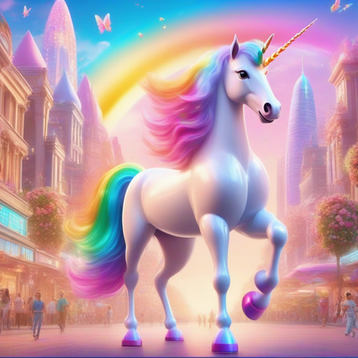 A futuristic cyberpunk city street completely transformed into a magical rainbow unicorn utopia, towering skyscrapers capped with giant sparkly unicorn horns, oceans of pastel glows and rainbow gradients replacing neon lights. In the center, a majestic robotic-unicorn hybrid with flowing iridescent mane-hair prancing gracefully. The air is filled with glowing butterfly swarms and glittering candy floss clouds. Hyper-detailed, vibrant cinematic lighting, highly aesthetic, whimsical, masterpiece, enchanted dreamscape, SFW.