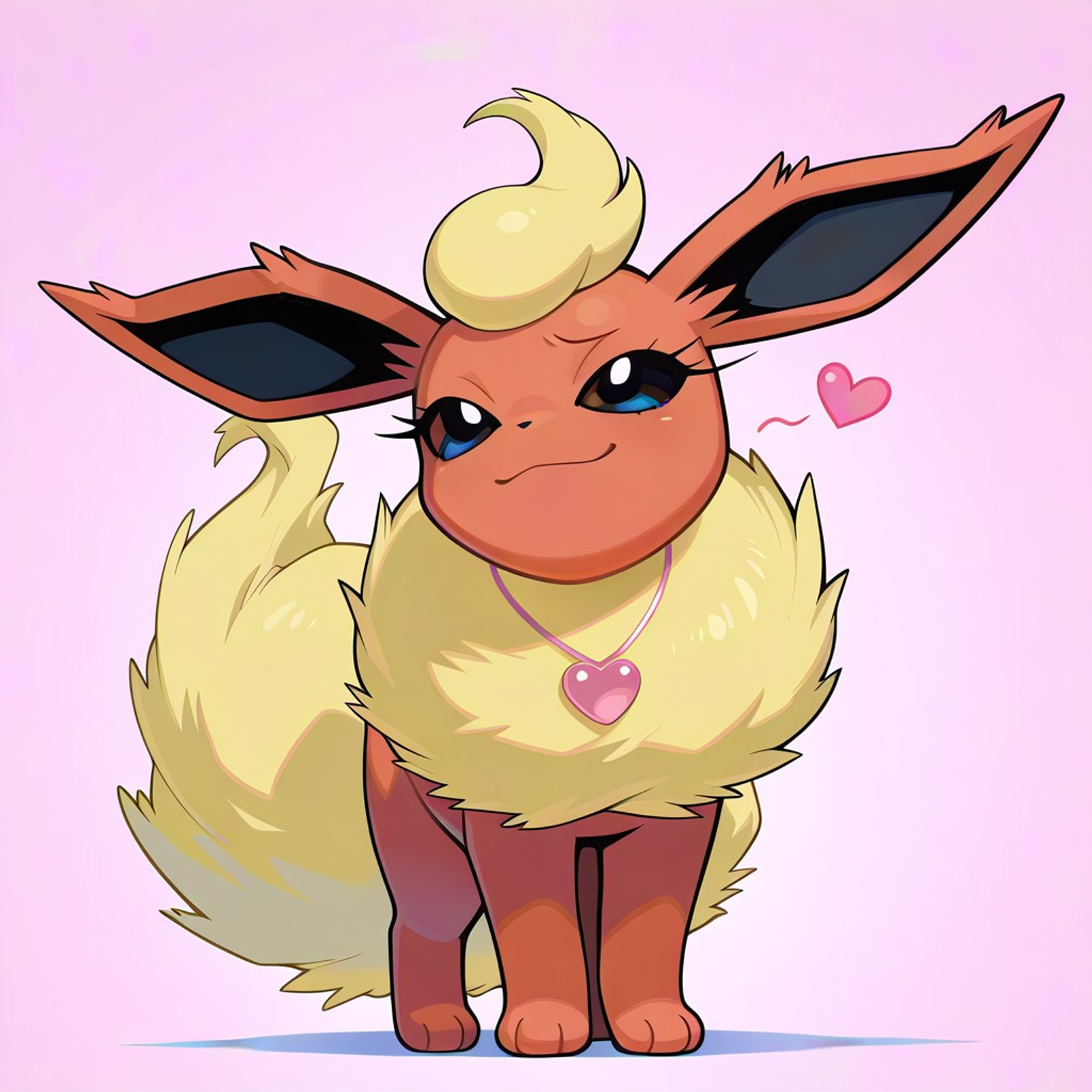 flareon, pokemon (creature), red-orange fur, light yellow tuft, light yellow mane, light yellow tail, dark eyes, quadruped
female, girly, (((long eyelashes))), very feminine
full body, solo, (((wearing pink heart necklace))), front view, (((smug))), long eyelashes,  (((tough))), girly, standing confidently, solo, happy, smiling, smirk, (((light pink background))), (standing), full body view, open eyes, closed mouth, pokemon_style, flirty
masterpiece, best quality, amazing quality,  score_9, score_8, score_7, no humans, 8k, best quality, amazing quality, (((safe_pos)))