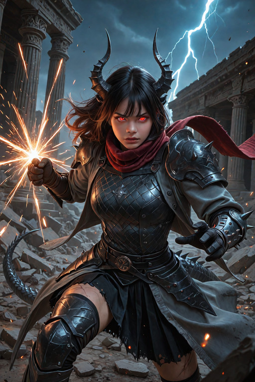 Look at Viewer
A cinematic realistic scene in 8K HD, [tall dragon girl, curved ridged horns, scaled ears, long spiked tail, slit reptilian eyes, shimmering scales on shoulders and hips, athletic toned body, fierce combat clash between warriors], ancient ruined temple with crumbling stone pillars and flickering torchlight under stormy night sky,soft casual goth, charcoal sweater, black velvet skirt, muted red scarf, lightweight gray coat, subtle jewelry, armored ninja gear on muscular forms], chaotic environment with debris flying and energy sparks in air, intense glowing eyes locked in battle, powerful poses with motion blur on strikes, intricate scars and weapon details visible, high detail textures on skin, rubble, and metal, photorealistic rendering, epic composition with depth of field, volumetric lighting from lightning, sharp focus, ultra-detailed, no artifacts, masterpiece quality.