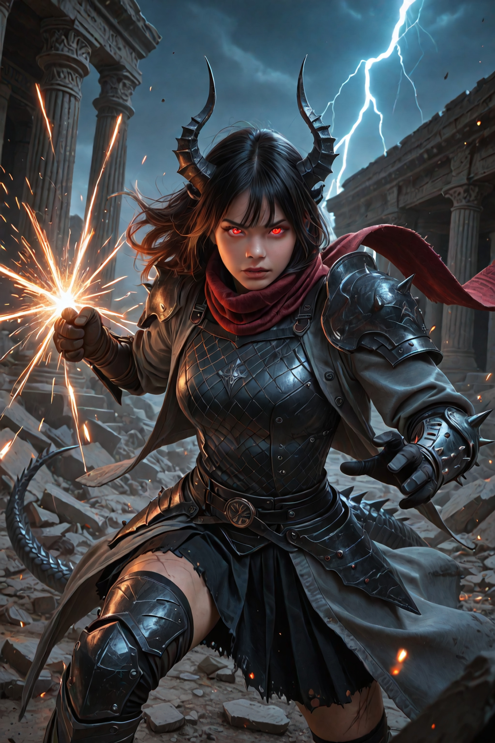 Look at Viewer
A cinematic realistic scene in 8K HD, [tall dragon girl, curved ridged horns, scaled ears, long spiked tail, slit reptilian eyes, shimmering scales on shoulders and hips, athletic toned body, fierce combat clash between warriors], ancient ruined temple with crumbling stone pillars and flickering torchlight under stormy night sky,soft casual goth, charcoal sweater, black velvet skirt, muted red scarf, lightweight gray coat, subtle jewelry, armored ninja gear on muscular forms], chaotic environment with debris flying and energy sparks in air, intense glowing eyes locked in battle, powerful poses with motion blur on strikes, intricate scars and weapon details visible, high detail textures on skin, rubble, and metal, photorealistic rendering, epic composition with depth of field, volumetric lighting from lightning, sharp focus, ultra-detailed, no artifacts, masterpiece quality.