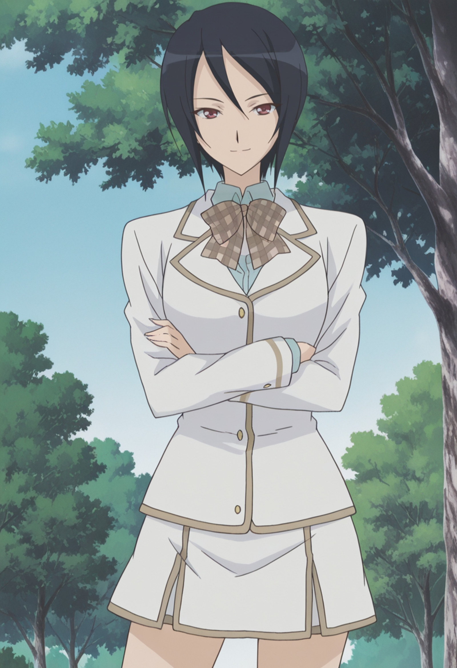 <lora:IL_Kaname_Kenjou_-_Strawberry_Panic:1>, official art, detailed art, ultra detailed art, masterpiece, anime coloring, finetuneanime, anime screencap, 2000s \(style\), kanameken, 1girl, solo, short hair, black hair, hair between eyes, red eyes, medium breast, curvy, large hips, school uniform, plaid bowtie, light brown jacket, light brown skirt, black kneehighs, loafers, 
BREAK
cowboy shot, standing, contrapposto, looking at viewer, seductive smile, crossed arms, 
outdoors, trees, day, blue sky,