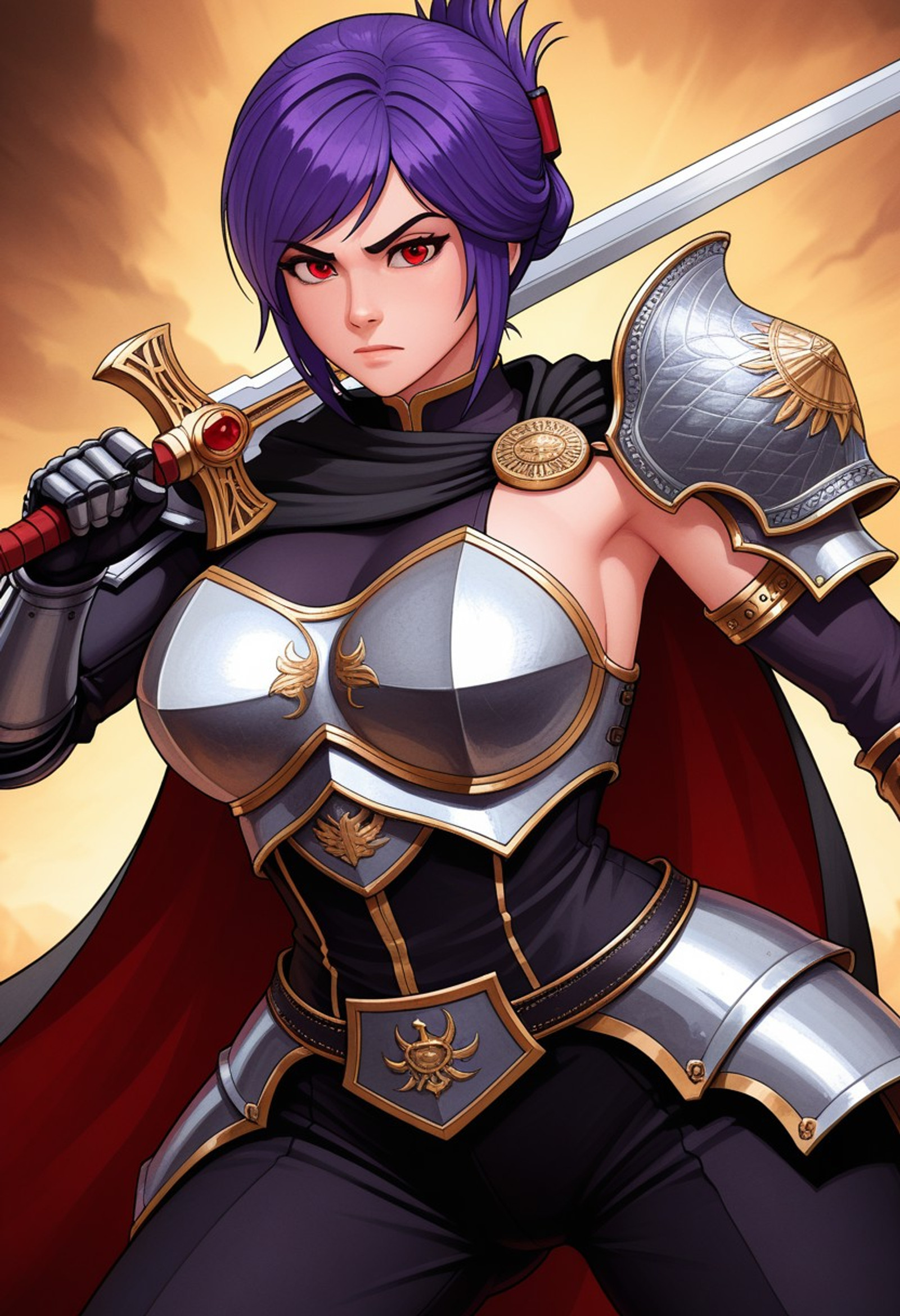 best quality, masterpiece, sfw,
n0m0, malebolgia, rasmus, 3d,
close-up shot, view from aside,
solo, holding sword, dynamic fighting pose,
1girl, 
sabia, human, purple hair, red eyes, folded ponytail,
armor, single shoulder armor, cape, single bare shoulder, clothed,
large breasts,  
looking at viewer, closed mouth,