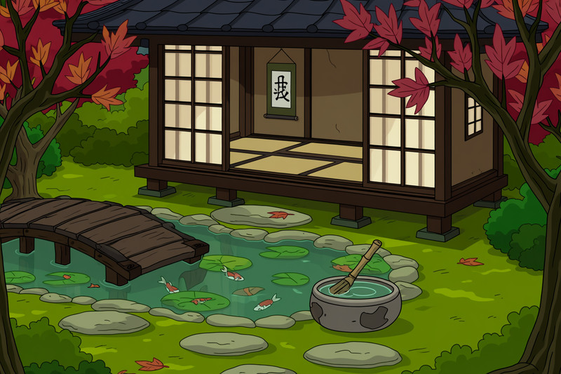 Futurama style image of a traditional tea house set within a meticulously maintained Japanese garden. The tea 