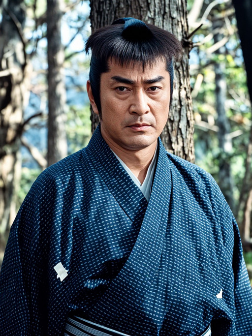 chonmage.mushiri, male, traditional japanese attire, black hair, topknot, stern expression, staring at viewer, outdoor, trees, natural light, close-up, portrait, 1boy, tonosama, film grain aesthetic, blue patterned kimono, small pattern, dotted pattern, dotted pattern, forest background, tree trunk, historical drama style <lora:p4j:1> <lora:mushiri:0.90>