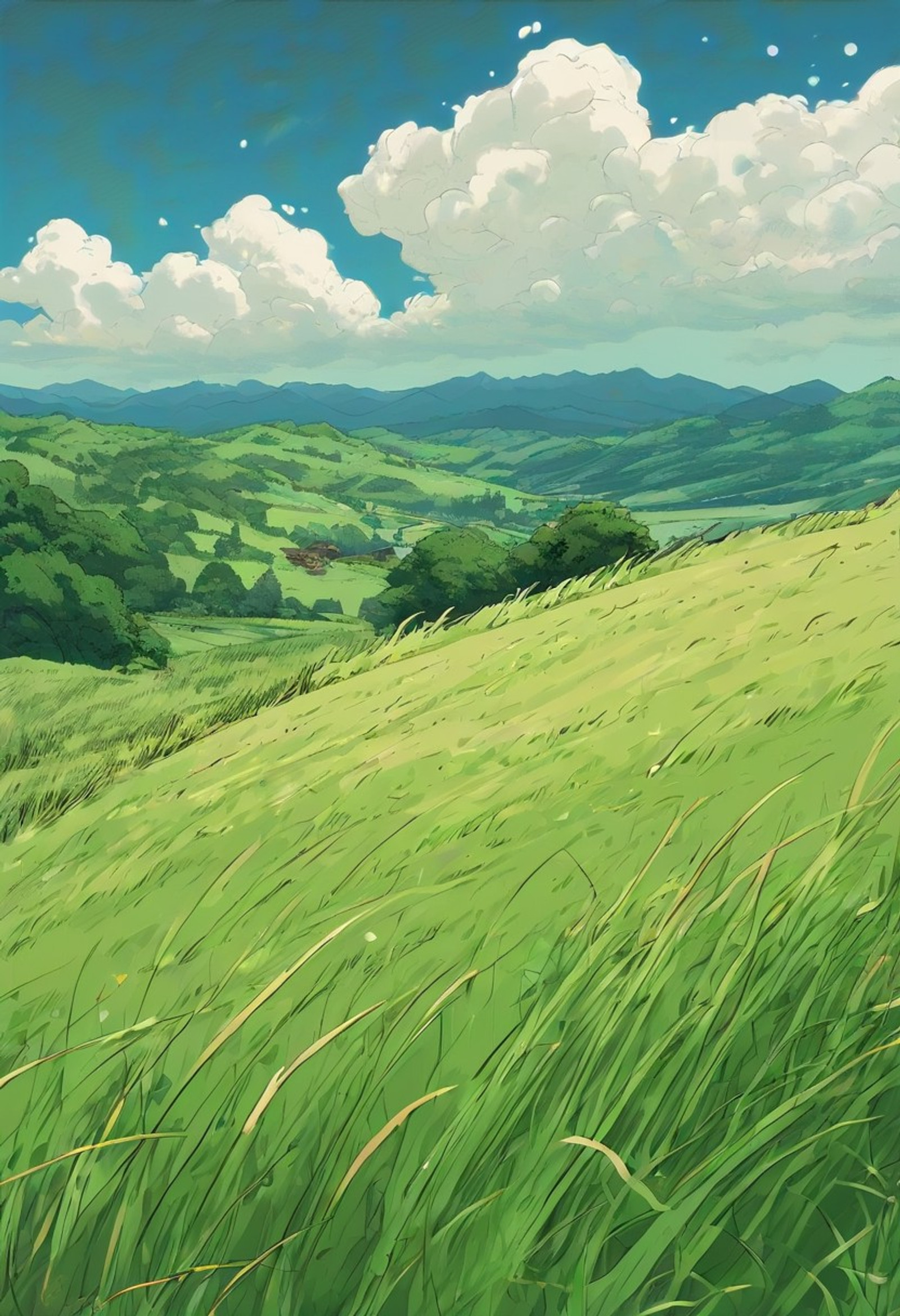 Studio Ghibli Style - Anime style image. A rolling green hill covered in vibrant, lush grass. The grass has a slight texture and gradient due to the light.
A bright, clear, sunny day with a deep blue sky dotted with puffy, white cumulus clouds. The scene is outdoors with no visible signs of civilization beyond the grass.
Natural sunlight, providing even illumination across the scene, creating soft shadows and highlighting the texture of the grass.
Wide-angle shot with a low horizon line, emphasizing the vastness of the sky and the rolling landscape. The composition is simple and balanced, drawing the eye across the scene.