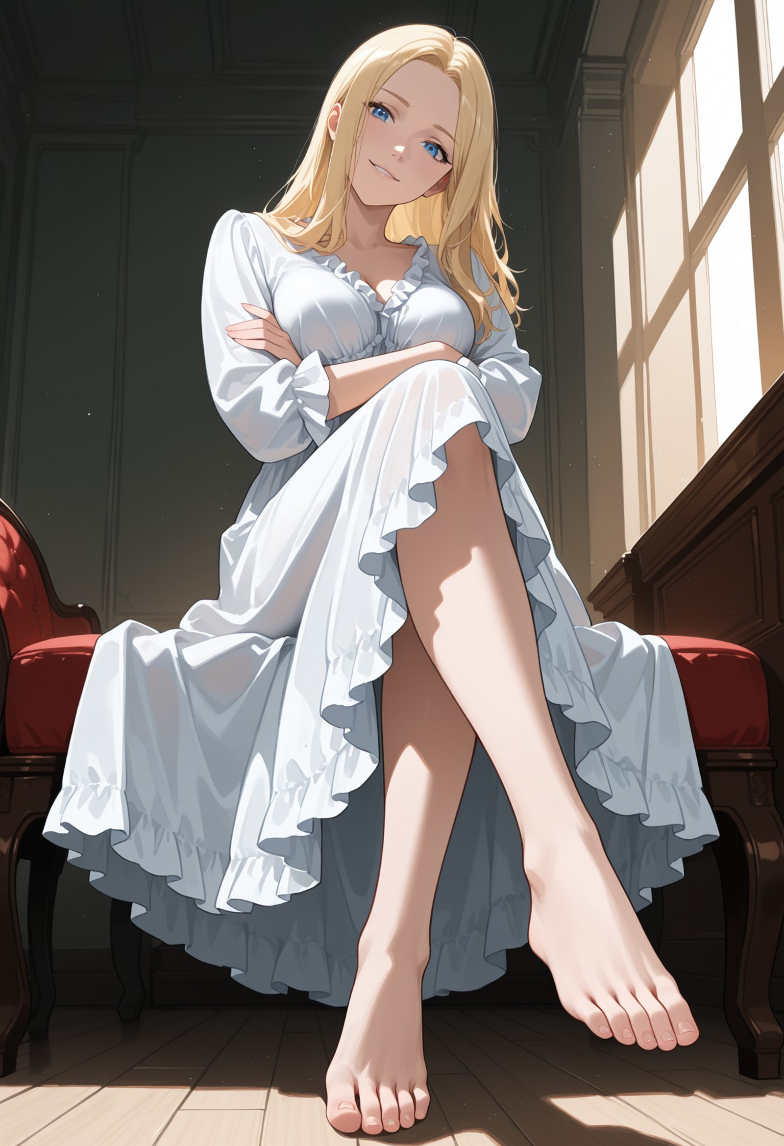 masterpiece, best quality, detailed, realistic, soft smile, 1girl, solo, selcorhuman, blonde hair, long hair, blue eyes, medium breasts, white dress, frills, hand up, crossed arms, head tilt, sitting, crossed legs, barefoot, feet, perfect feet, beautiful feet, looking at viewer, smirk, embarrassed, toenails, 5 toes, view from below, full body shot, sfw, daylight,