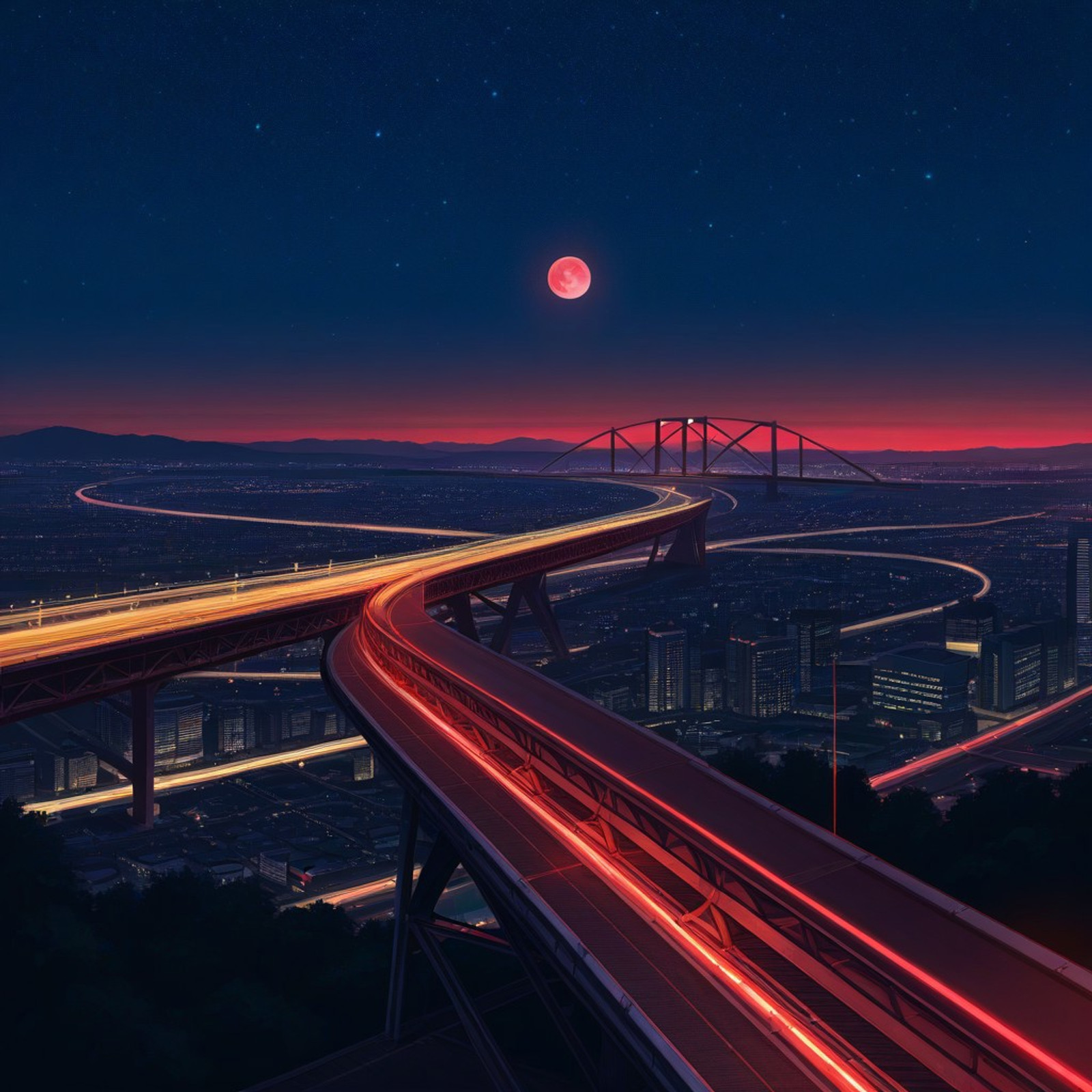 night, no humans, landscape, red light, city, moon, star (sky), highway bridge, panoramic view, high quality, perfect details, hi res, 4k, cinematic lighting