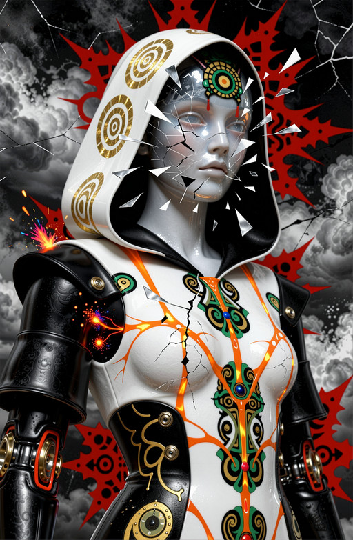 A hyper-dramatic close-up captures the faceless cyborg in a grainy vintage cinematic still, where its translucent orb face fractures violently into shards of white and silver that scatter like shattered glass, dissolving into swirling patterns reminiscent of Klimtâs ornate floral motifsâswirling green and black geometric forms that pulse with symbolic weight. The body is clad in ceremonial armor: sharp matte black plates fused with pure white panels, streaked by neon orange veins glowing like molten fissures across the surface, each seam alive with crackling energy that pulses beneath synthetic skin. An oversized hood flows behind, its gilded spirals now rendered in stark contrasts of white and black, suggesting both reverence and alienity. The background is a storm of fractured monochrome clouds dissolving into razor-sharp red fractalsâsurreal yet menacingâwhile sparks of colored energy erupt from joints and seams like blood through steel. Rendered at 8k resolution with painterly depth and cinematic contrast, the image merges hyper-detailed realism with symbolic symbolism: black-white-crimson red dominates every element, creating a world where technology and tradition collide in haunting, luminous form.