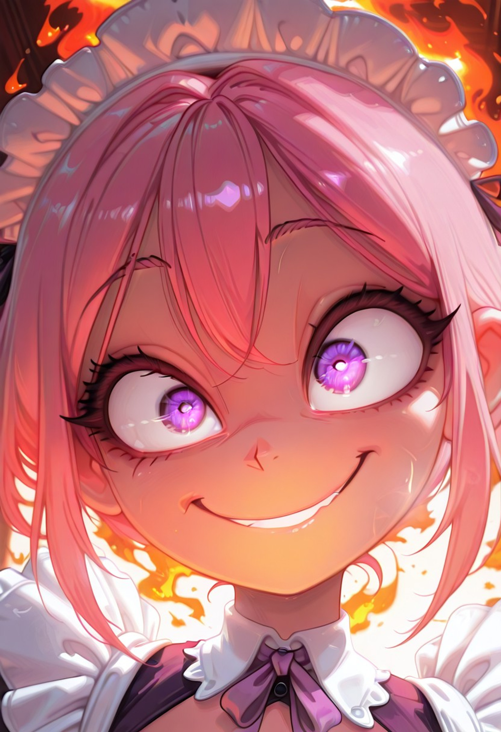 1girl, solo, CivChan, pink hair, purple eyes,  maid headress,  mad smile, crazy girlfriend, crazy waifu 

strong desire and attraction - intense eye contact, close proximity, heat, fire, dramatic lighting

CivChan, purple eyes, pink hair, 