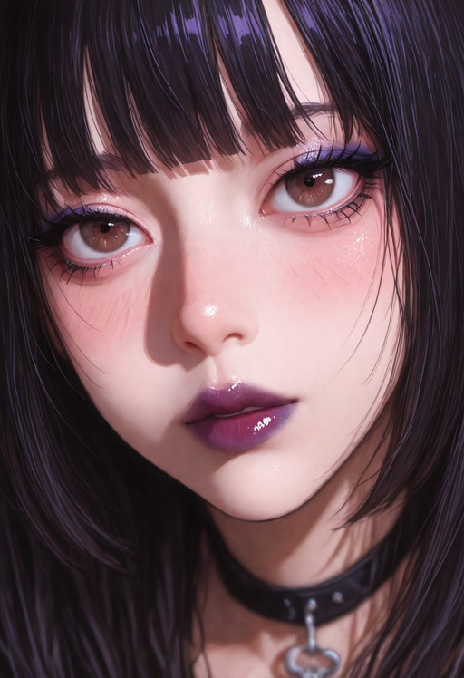 masterpiece, high detail, depth of field, (blurred background), best quality, (very aesthetic:1.2), 8k, high detail, soft reflections, dramatic lighting, solo,
masterpiece, detailed_eyes, high quality, best quality, amazing quality, highres, absurdres, detailed, sharp focus, perfect_anatomy, subject_focus, depth of field, very aesthetic, newest, intricate details, High-resolution anime-style illustration with vibrant colors and dynamic lighting, amazing quality, scenery, anime coloring, candid, beautiful face, beautiful eyes, detailed eyes, sharp focus, official anime key visual, sharp Iines, tonal balance, high aesthetic sense, and visual harmony,
A young woman, natural light, sanpaku eyes, dark brown eyes, bangs, black hair, straight bangs, long hair, winged eyeliner, goth girl, emo girl, dark purple lips, purple gradient lips a, blush, upturned eyes, tsurime, round lips, (aegyo sal:1.5), (highborn makeup:1.3), (((anime style))), (puffy lips)