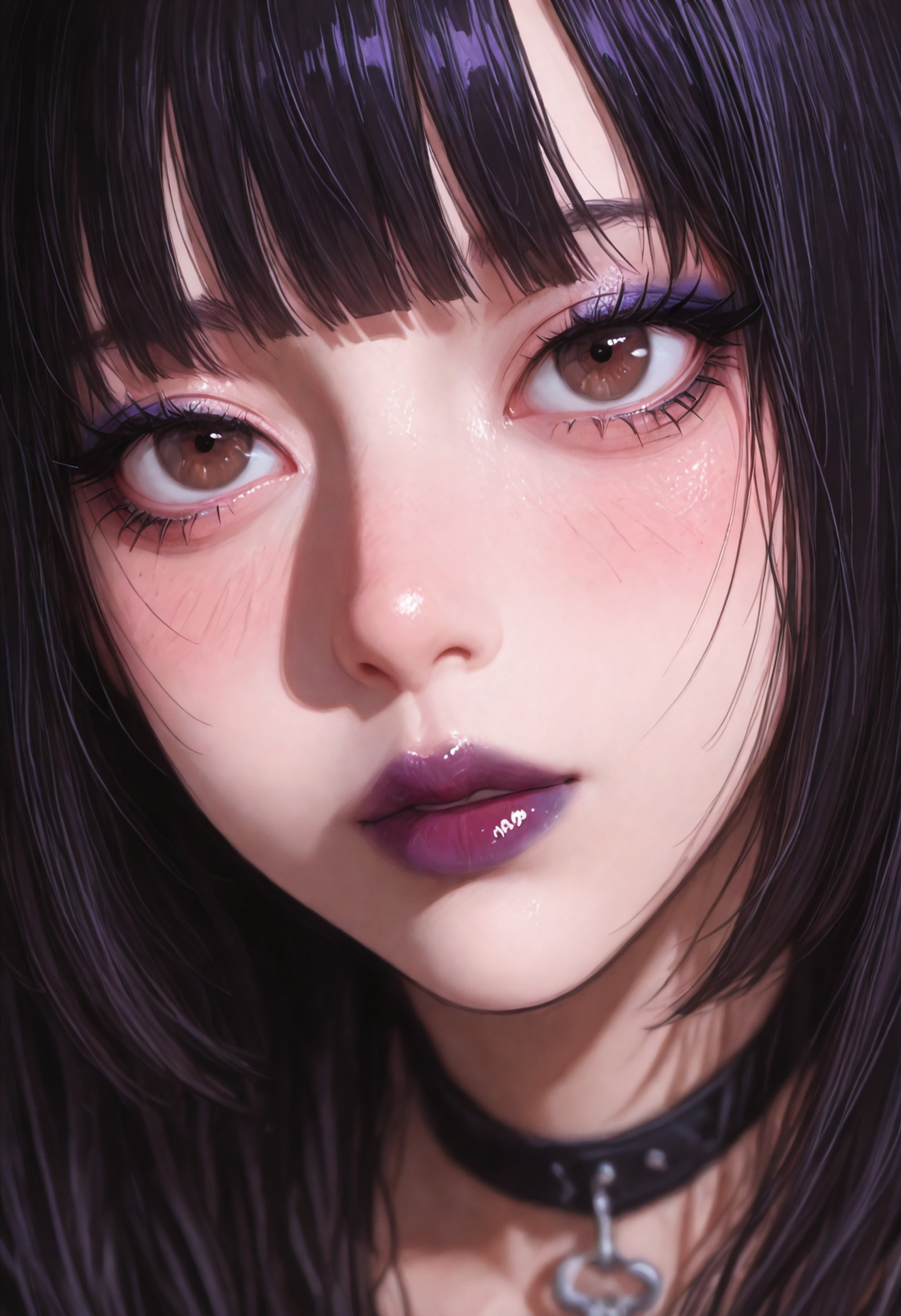 masterpiece, high detail, depth of field, (blurred background), best quality, (very aesthetic:1.2), 8k, high detail, soft reflections, dramatic lighting, solo,
masterpiece, detailed_eyes, high quality, best quality, amazing quality, highres, absurdres, detailed, sharp focus, perfect_anatomy, subject_focus, depth of field, very aesthetic, newest, intricate details, High-resolution anime-style illustration with vibrant colors and dynamic lighting, amazing quality, scenery, anime coloring, candid, beautiful face, beautiful eyes, detailed eyes, sharp focus, official anime key visual, sharp Iines, tonal balance, high aesthetic sense, and visual harmony,
A young woman, natural light, sanpaku eyes, dark brown eyes, bangs, black hair, straight bangs, long hair, winged eyeliner, goth girl, emo girl, dark purple lips, purple gradient lips a, blush, upturned eyes, tsurime, round lips, (aegyo sal:1.5), (highborn makeup:1.3), (((anime style))), (puffy lips)