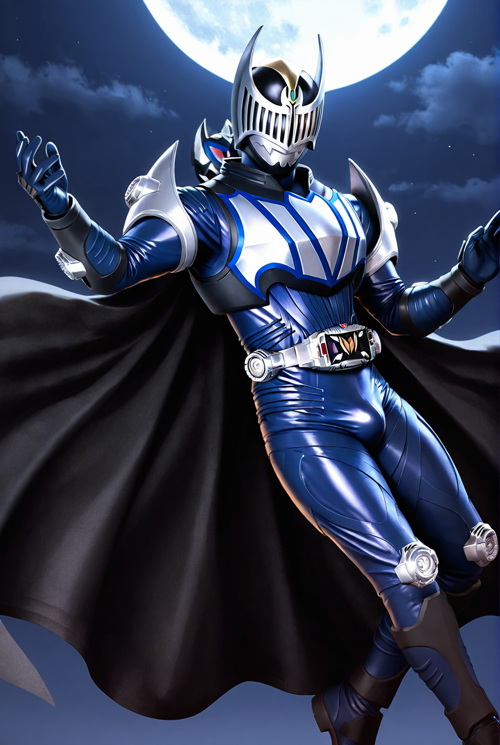 very awe,aesthetically pleasing,masterpiece,best quality,amazing quality,very aesthetic,ultra-detailed,high resolution,8k,1boy,solo,male focus,detailed face,tokusatsu,armor,belt,helmet,bodysuit,gloves,cape, black cape,floating,dynamic pose,bulge,tight,night,moon,<lora:add-detail-xl:1>,<lora:Kamen Rider Knight:0.7>,kamen rider kn1ght,