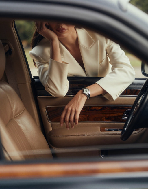 A high-fashion editorial advertising shot inside a vintage American luxury car with a rich retro atmosphere. The perspective is from the driver’s point of view, looking toward the passenger seat. The frameless car door acts like a natural cinematic frame, precisely enclosing the composition.

The interior of the car is rendered in ultra-realistic detail: smooth premium leather seats with subtle creases and natural wear, polished wood paneling with deep warm tones and visible grain, brushed metal accents reflecting soft highlights. The dashboard and door trim carry a muted vintage palette — caramel brown, dark walnut, and soft champagne metallics — all under controlled, diffused lighting.

Outside the car, a woman leans forward against the open window. Her posture feels effortless and intentional — one arm laid horizontally along the lower edge of the window frame, fingers relaxed with natural tension, while her other arm bends upward, gently supporting her chin. The pose creates elegant lines and a sense of quiet intimacy with the viewer.

The composition deliberately crops her face, revealing only the lower half — soft lips, smooth skin, and a refined jawline, emphasizing mystery and allure. Her styling is impeccable: she wears tailored, high-end garments with precise structure and luxurious fabrics — fine wool, silk blends, or structured satin, showing realistic folds, tension, and light absorption. The stitching, seams, and edges are crisp and believable.

On her wrist, an expensive women’s watch catches the light — polished metal, sapphire glass reflections, and a finely detailed dial visible at close range, reinforcing the commercial luxury theme.

Lighting is soft yet directional, like controlled studio light blended with natural daylight, producing gentle highlights on skin, fabric, and car surfaces. Subtle reflections on the window edge and chrome details enhance realism. The color palette is restrained and sophisticated: warm browns, champagne gold, soft ivory, and muted skin tones, with slight film-like desaturation for a vintage editorial feel.

Style: ultra-realistic, high-fashion photography, commercial luxury advertising, cinematic framing, shallow depth of field (focus on lips, hand, and watch), 85mm lens look, soft bokeh, fine film grain, high dynamic range, extremely detailed textures — leather grain, fabric weave, skin pores, metallic reflections. Mood: elegant, intimate, restrained, quietly seductive, timeless.