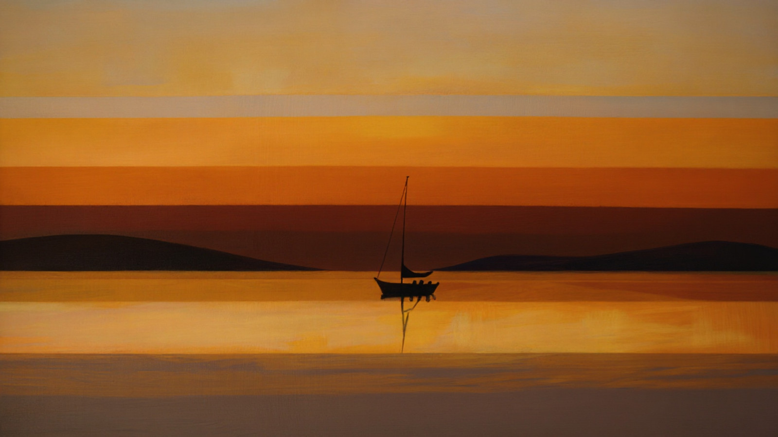 Victochenko art style: A serene sunset over calm waters featuring a solitary sailboat anchored at center, silhouetted against layered horizontal bands of warm orange, rust, amber, and deep brown hues; distant dark hills frame the horizon under a geometrically abstract sky filled with bold rectangular stripes; minimalist composition evokes tranquil solitude, rendered in flat, painterly blocks reminiscent of contemporary Russian modernism with strong contrast between shadowed landforms and glowing atmospheric gradients. <lora:Victor_Tkachenko_E16:0.8>