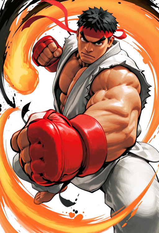 sf4_effect, motion lines, brushstroke, ink drops  ryu \(street fighter\), street fighter, 1boy, thick eyebrows, black hair, short hair, fingerless gloves, muscular male, dougi, bara, abs, large pectorals, muscular, dougi, headband, red headband, clenched fist, fist to viewer, foreshortening, perspective, strong contrast, (((motion lines))), dynamic pose, dynamic background, highres, masterpiece, best quality, amazing quality, very awa, very aesthetic, , <lora:SDXL1.0\dmd2Sdxl4stepMerge.jcNz.safetensors:1.0:1.0> <lora:Illust\edit\new\sf4_motion_line_v1-000007.safetensors:1.0:1.0>