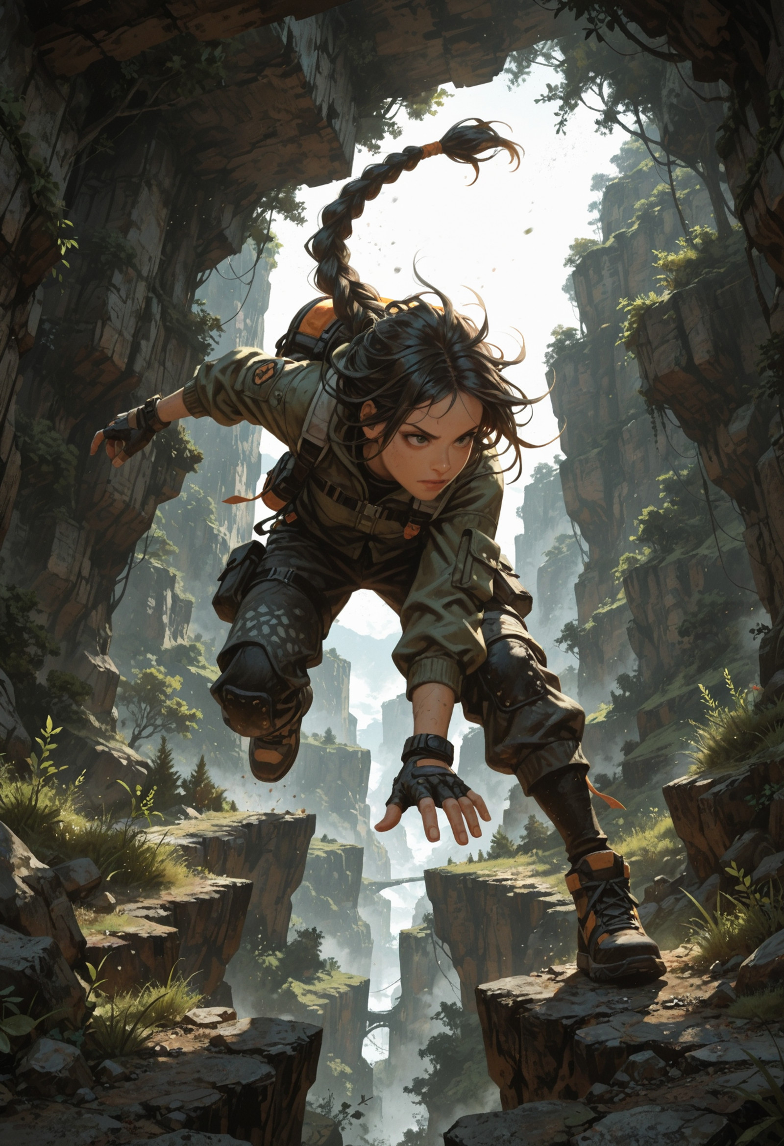ultra-HD, 8K, ultra detailed, concept art, masterpiece, best quality, amazing quality, newest, absurdres, highres, masterwork, detailed, high detail, very aesthetic, great atmosphere, amazing ambience, perfect composition, sharp focus, dramatic lighting, intricate, dynamic, rich color, (dark green and white theme), scenic, background, ((action, dynamic, Gorpcore hiking gear, messy braided hair, alpine ridge view)), 1girl, by hungry clicker, BurstDaal, linele55fantasy, no lineart, patterned clothes, elegant, gentle colors, extremely beautiful, enhanced, glowing, epic, sublime, complex, highly coherent, iconic, fine, awesome