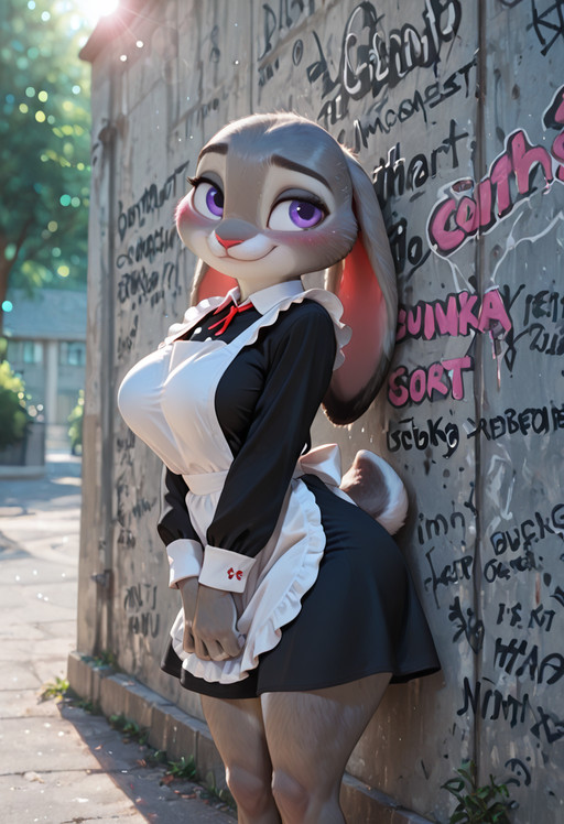 masterpiece, best quality, absurdres, highres, high quality, highly detailed, official art, 3d, amazing quality, detailed background, dramatic lighting, rim lighting, fill light, (bokeh:1.5)   ,
JudyHopps, solo, purple eyes,  thin waist, wide hips, furry female, bunny girl, bunny ears,  ears down, rabbit tail, ((ultra detailed fur:1.5)), Judy Hopps, thin waist, big rabbit tail, big detailed purple eyes, curious look, tilted head, shy smile BREAK   dynamic pose,  presenting, perfect huge breast, saggy breasts, long legs, soviet school uniform, long sleeves, dress, black dress, white apron, nm_graduation, leaning against a concrete wall full of graffiti, russian words on wall, detailed background,blush, smile,   BREAK day, sun light, outdoors, back yard of soviet shool, soviet street, 8k, UHD, HD, absurdres, masterpiece, intricate detail, highly detailed, fill light, cinematic lighting, photorealistic, g0th1c <lora:judyhopps-v3-Yiffy:0.2> <lora:incoth:0.5> <lora:AddMicroDetails_NoobAI:0.5> <lora:NM_graduation:1>