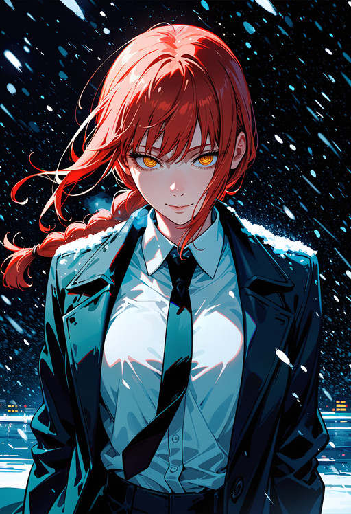chainsaw man, makima \(chainsaw man\), 1girl, black necktie, closed mouth, long hair, necktie, red hair, snowing, suit, upper body, A shot with tension, official art, cinematic, fashion photography style, visual impact, sharp focus, very aesthetic, extreme aesthetic, sensitive, incredibly absurdres, 8K, intricate details, ultra detailed, HDR, high contrast, high detail RAW color art, dynamic pose, dynamic composition, dark theme, masterpiece, highres, absurdres, newest, best quality, score_7chainsaw man, makima \(chainsaw man\), 1girl, black necktie, closed mouth, long hair, necktie, red hair, snowing, suit, upper body