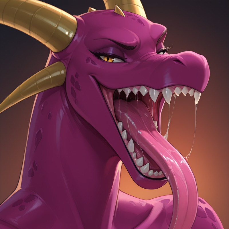 Masterpiece, best quality, amazing quality, female, Ludmilla, dragon, purple scales,dragon horns,striped yello