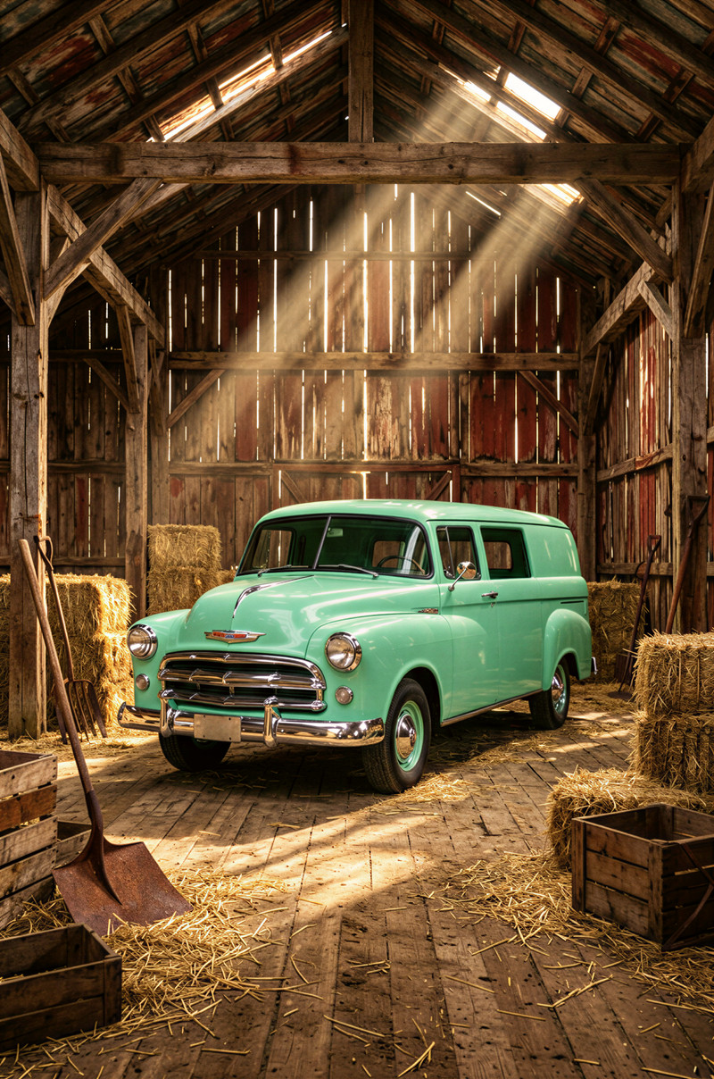 Subject: A beautifully preserved, vintage Chevrolet Van, painted a flawless, mint jade green. The van must app
