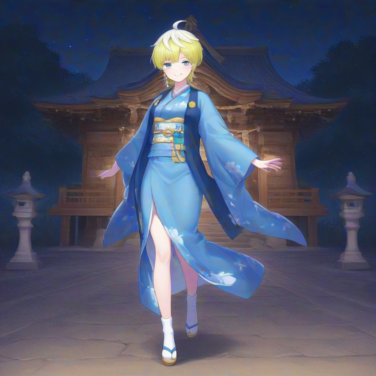 tenka izumo, tenka izumo (mato seihei), multicolored hair, blonde hair, white hair, blue eyes, 1girl, solo, safe for work, sfw, kimono, japanese clothes, socks, covered body, sandals, smiling, looking at viewer, temple, nighttime