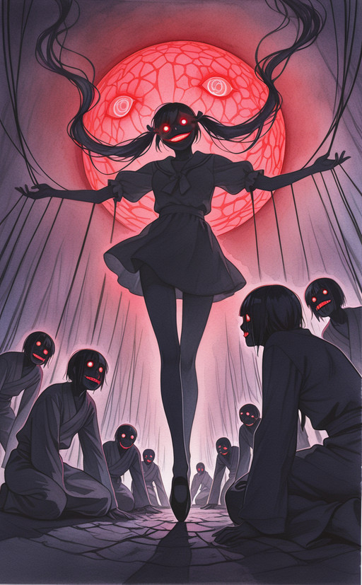 clone harem, watercolor \(medium\), horror \(theme\), glowing eyes, marionette,
dynamic angle
