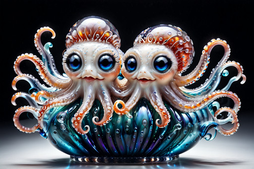 Picture a humorous Murano glass octopus who looks as if it accidentally wandered out of a Venetian opera rehearsal and decided to stay.

Its bulbous head is blown from translucent coral-red glass infused with delicate trails of aventurine, sparkling faintly like stardust suspended in syrup. Swirls of turquoise and seafoam green spiral through the body, echoing the colors of the lagoon at sunset. The surface is impossibly smooth, yet alive with trapped bubbles that give it a gently effervescent personality — as though it is quietly giggling inside.

Each tentacle curls dramatically outward in exaggerated theatrical gestures, as if conducting an invisible orchestra. The suction cups are tiny domes of milky opaline glass, slightly oversized for comedic effect, giving the impression that the octopus might accidentally stick to absolutely everything. One tentacle is raised higher than the others, delicately holding a miniature glass masquerade mask in shimmering gold leaf — a playful nod to Venetian carnival tradition.

Its eyes are two clear glass spheres with suspended silver flecks, wide and overly expressive, conveying dignified surprise. The base is shaped like a stylized wave in deep cobalt blue, tipped with transparent crests that catch the light and fracture it into shimmering fragments across the table.

When sunlight hits the sculpture, it scatters radiant reflections like liquid confetti, making the octopus appear both majestic and slightly ridiculous — a refined lagoon aristocrat with the soul of a cheerful jester, forever frozen mid-performance in luminous Murano glass.