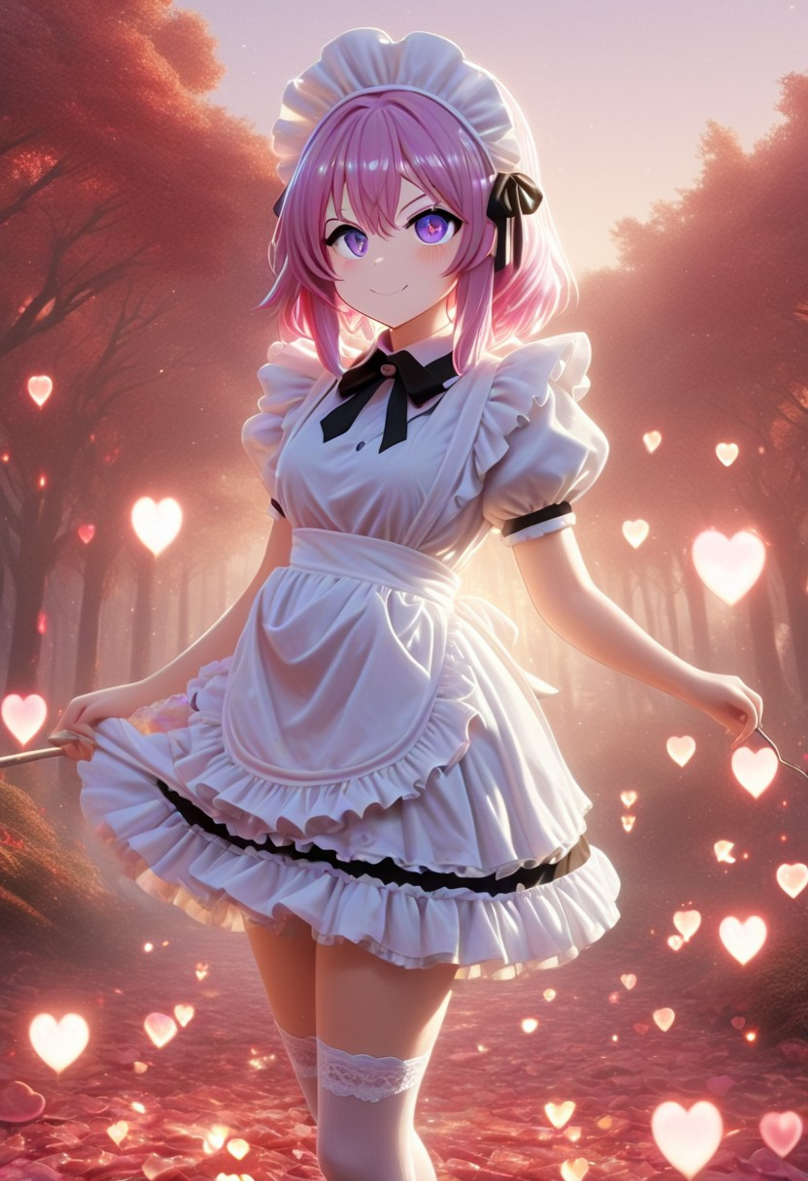 CivChan, anime, Masterpiece, best quality, ultra-detailed, highly detailed, 1girl, solo, purple eyes, pink hair, maid outfit, thigh high socks, crazy smile, close up, (flaming hearts), outdoors, smoke, sunset, nature, burning trees, medium hair, heart eyes, looking at viewer, strong desire and attraction, intense eye contact, close proximity, heat, fire, dramatic lighting