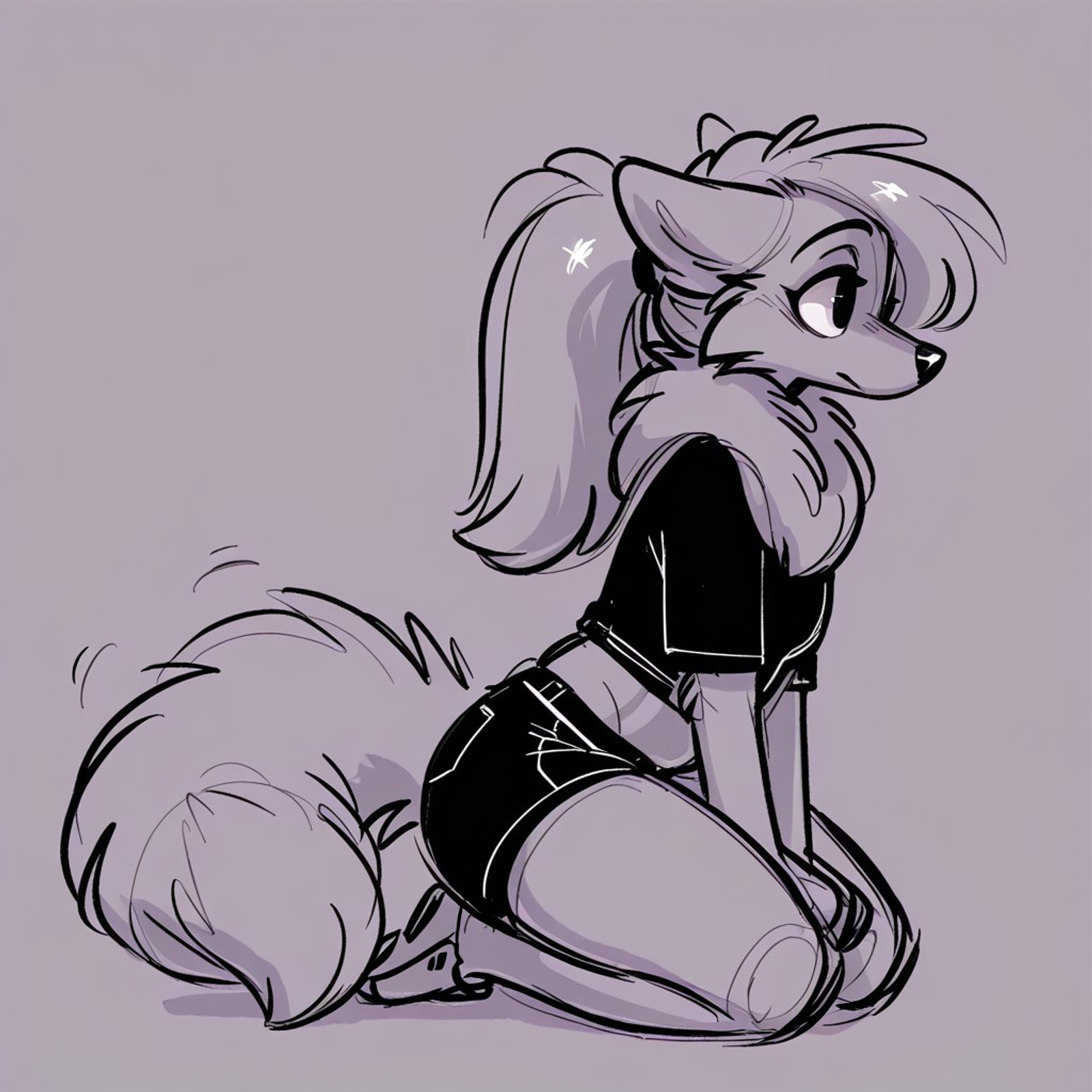 masterpiece, best quality, amazing quality, very aesthetic, 
solo, 1girl, anthro fox, canine,
detailed eyes, detailed fluffy fur, long hair, ponytail, tail, midriff,
flat background, simple background, clothed,
safe, full body frame, guide lines, sketch, kneeling
