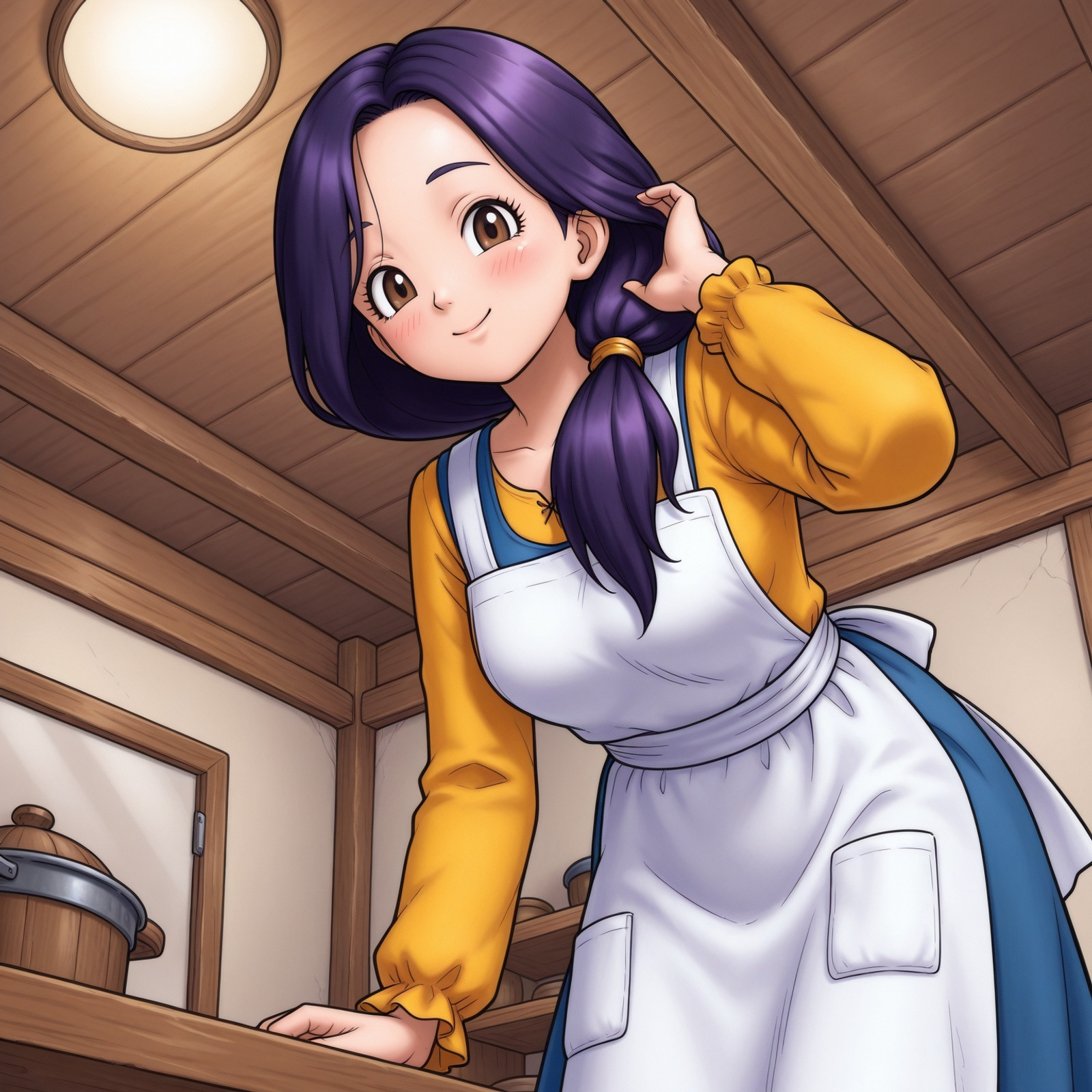 1girl,solo, <lora:DQ3_mother_ill_v1.00:1> d_q_3 mother, purple hair,low ponytail,hair over one shoulder,brown eyes,apron,yellow shirt,blue dress,smile,blush
indoors,close-up,ceiling,from below,bent over,hair flip, lazypos, looking at viewer