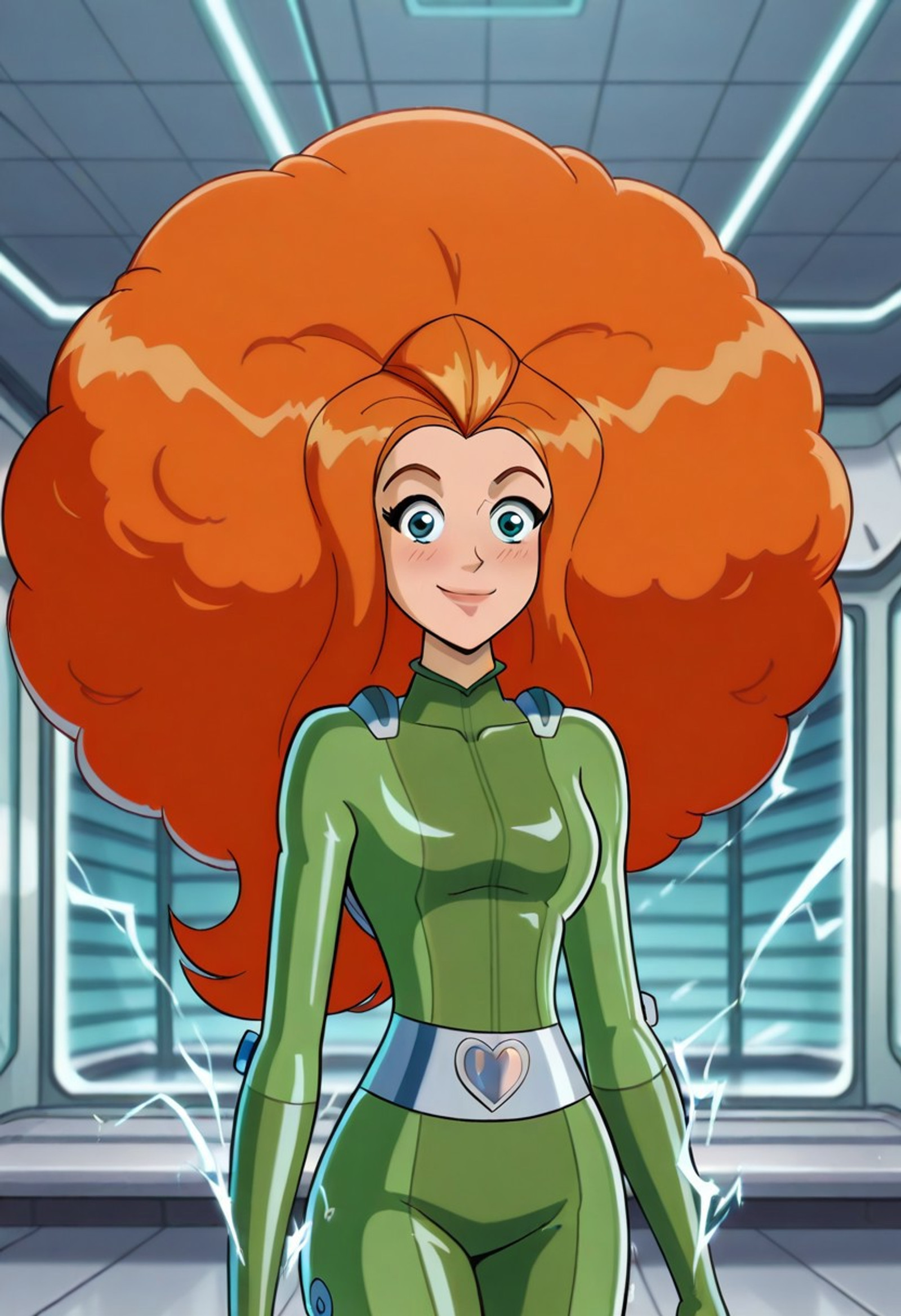 masterpiece, best quality, good quality, 1girl, solo, parody, season6-style, sam_totally_spies, long hair, orange hair, massive afro hair, curly afro hair, green eyes, shiny green bodysuit, medium breasts, beautiful, detailed, high detailed, very beautiful, detailed face, detailed eyes, detailed hand, indoors, futuristic laboratory, smile, happy, surprised, closed mouth, looking at viewer, blush, wetlook, curvy, cowboy shot, electricity,