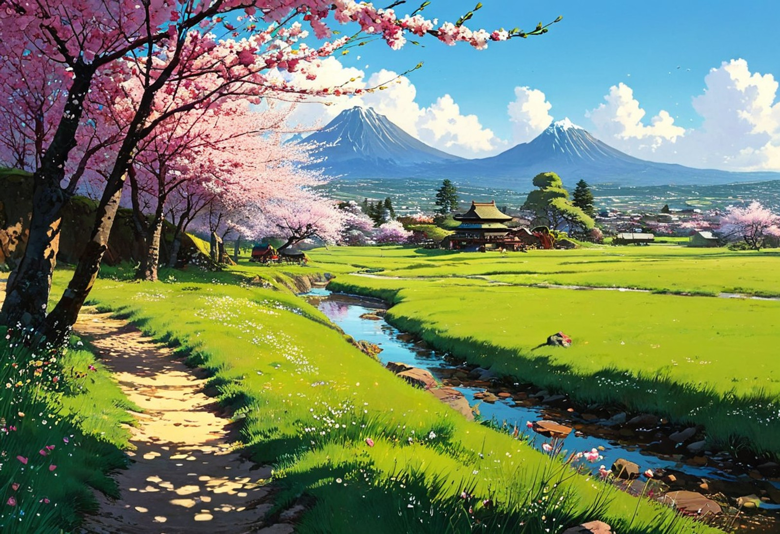 Art painting by Ian McQue, artstation trending, Masterpiece, C0NC3PT4RT, scenery, Image is a digital artwork, studio_ghibli,  landscape, field, grass, (spring time, sakura, cherry blossom trees) , genre in Japanese painting ,masterpiece, best quality, amazing detail, high definition.(Studio Ghibli) , extremely detailed., masterwork, masterpiece, best quality, detailed, depth of field,, in the style of Jean Giraud, in the style of Moebius. (super long shot)