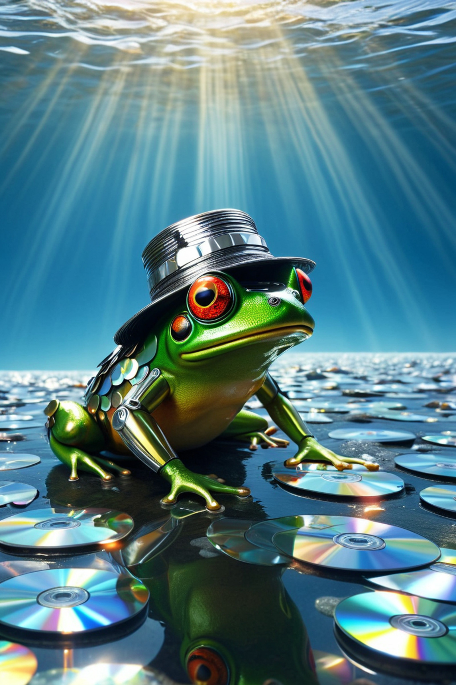 scenery, a frog with a summer hat made is watching fish in the ocean..  made of cd's. wearing retro-futuristic armor, plated in compact discs, dramatic scene, futuristic background, shiny reflections,  <lora:CDs_SDXL:1.0>