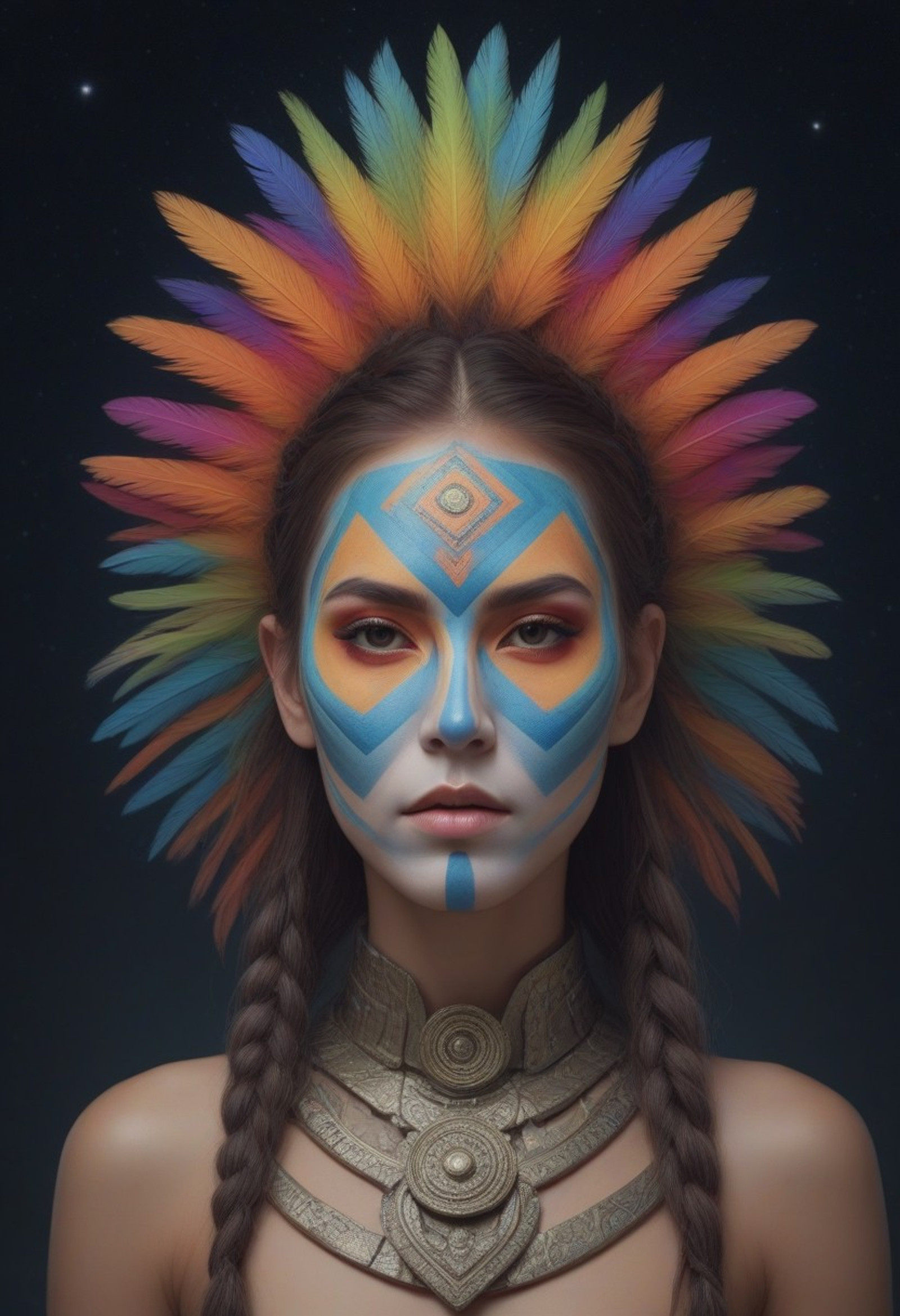 SFW, SmoothNoob_Quality, semi_realistic, , 1girl , 19yo girl,  shaman girl , geometric tribal face painting,mystical cosmic entity, thick long braid,  wearing fur covered rainbow   armor  colorfull feathers headgear,, holding staff made of ice, starry night with milk road background, aurora borealis at the sky,
, Smooth Quality, masterpiece, high_quality, highres, sharp_focus, adrr shaman,
