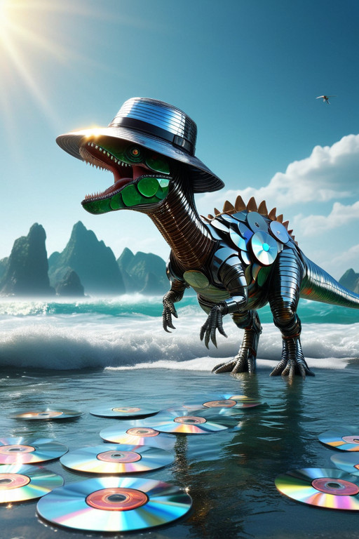 scenery, a dino with a summer hat made is watching fish in the ocean..  made of cd's. wearing retro-futuristic armor, plated in compact discs, dramatic scene, futuristic background, shiny reflections,  <lora:CDs_SDXL:1.0>