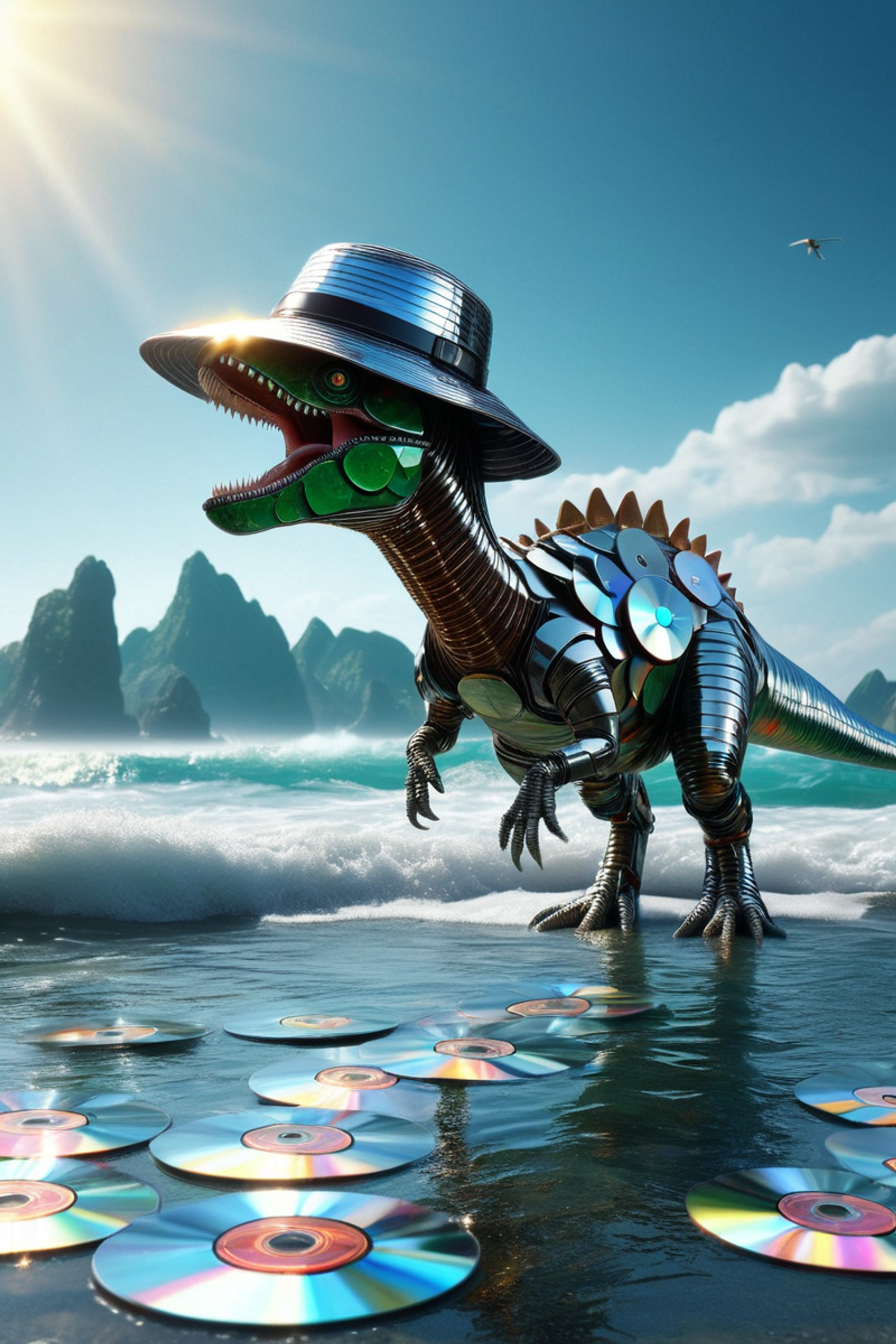 scenery, a dino with a summer hat made is watching fish in the ocean..  made of cd's. wearing retro-futuristic armor, plated in compact discs, dramatic scene, futuristic background, shiny reflections,  <lora:CDs_SDXL:1.0>