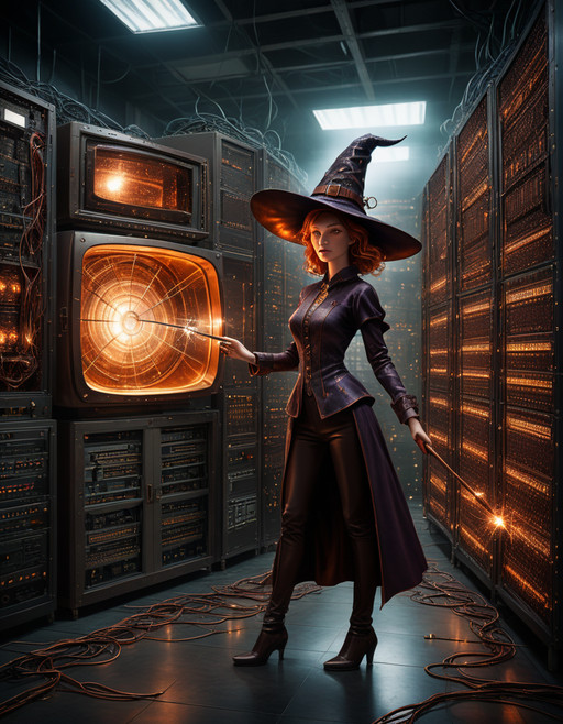 , made of copper, dull copper, inside an old Television
lazypos,   <lora:add-detail-xl:0.85>    <lora:MadeOfCopper01_CE_SDXL:1> A  witch in a pointy hat holding a wand with sparks in a massive computer server room