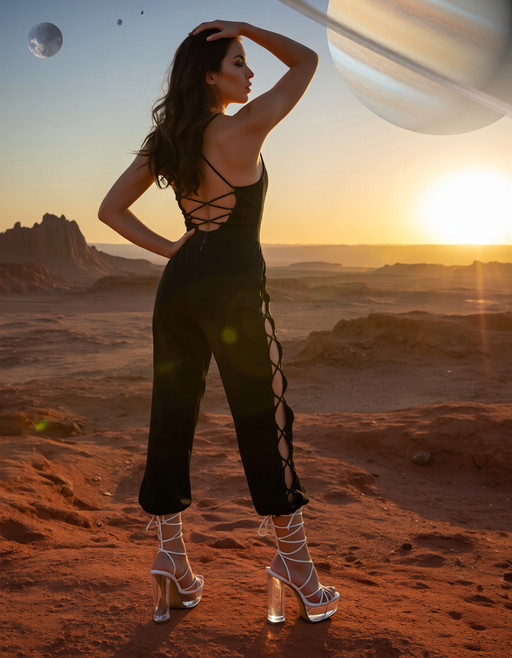 A sexy woman in a cross-laced jumpsuit and extra high glass platform stiletto cross-laced sandals on an exoplanet admires the sunrise of a ringed gas giant.