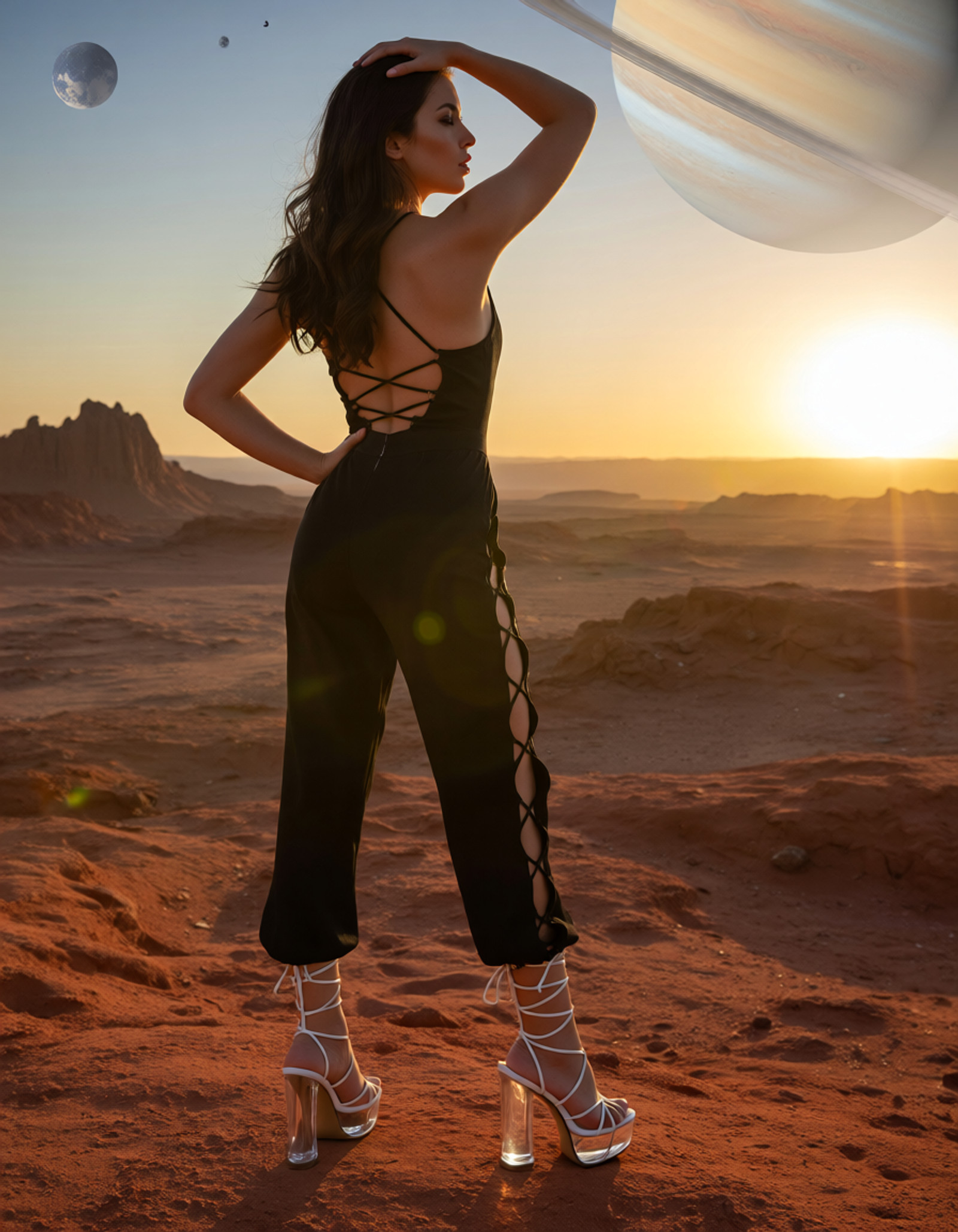 A sexy woman in a cross-laced jumpsuit and extra high glass platform stiletto cross-laced sandals on an exoplanet admires the sunrise of a ringed gas giant.