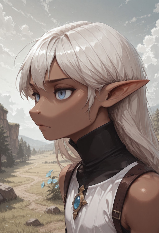 1 girl, ((solo)), androgynous, (Lapanya), ((3-fingers-1-thumb)):1.2, pointy ears, Garial, ((blue eyes)), athletic body type, black detached sleeves, white tunic, brown shoulder straps,simple top, pretty, gold brooch, oval brooch, blue gemstone,
Neutral expression, closed mouth,
Outdoors background, sky, clouds,  trees, blue flowers,
clean lines, high quality, best quality, masterpiece, ((detailed fingers, perfect fingers, perfect nostrils)), rating: safe,