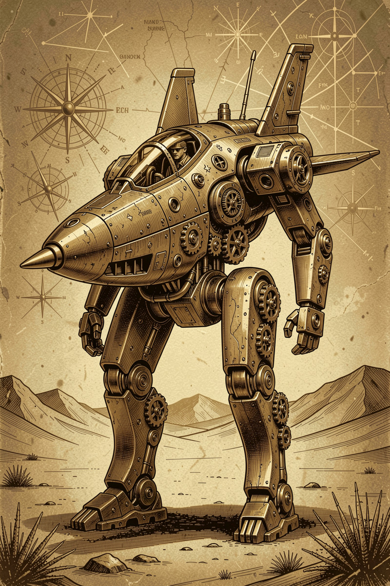 YFG-Mline. Steampunk robotic fighter jet standing on desert terrain, detailed gears, cockpit, map background, 
