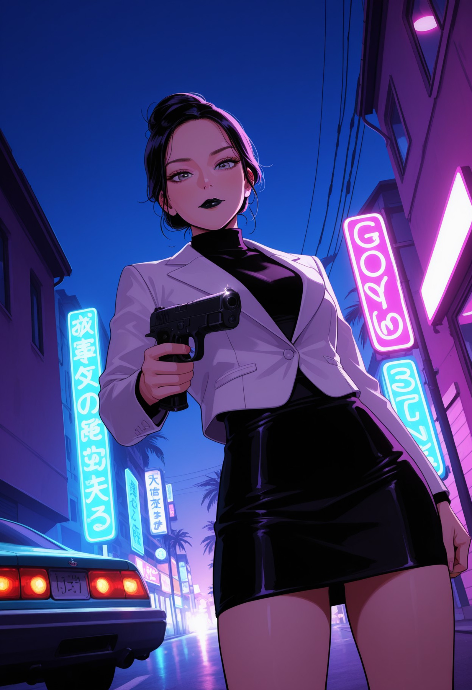 best quality, amazing quality, absurdres, very aesthetic, very awa,
Portrait of an attractive, 28 years old, female character, intense atmosphere, urban setting, ultra sharp focus, detailed background, rich, immersive, dynamic, intricate, dutch angle, cowboy shot, shallow depth of field, gimbal. looking at viewer. neon aesthetic, 90s miami aesthetic, high contrast, solo, k-pop, detailed eyes, stylish, model, posed, urban, palm trees, street, clear sky, pastel buildings, retro car, colorful, bright lighting, summer, night, neon lights, neon sign, 1girl, solo, looking at viewer, shirt, 28-years-old girl, Girl with black hair, hair in a single bun, tied hair, her hair is short in the back, fair skin, goth, black lipstick, small breasts, wearing a black turtleneck under a white blazer, wearing solid black miniskirt. fitted white blazer, black skirt. elegant, haughty, holding, closed mouth, grey eyes, clear eyes, weapon, holding weapon, aiming at viewer, white jacket, gun, window, black skirt, from below, suit, holding a single gun, handgun, retro artstyle, beretta 92. detailed background, cowboy shot, bright colors, soft pastel colors, high contrast, saturated, depth of field, cinematic atmosphere, deep photo, glimmering with a subtle, rainbow sheen, colorful, vibrant, detailed background