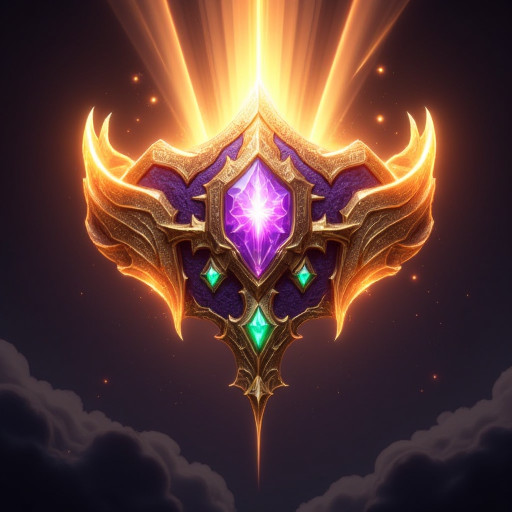 Digital artwork of an ornate, golden and purple headpiece emitting bright, radiant orange and yellow light. The headpiece features a central purple gem with a white, star-like design, surrounded by intricate golden patterns. Two smaller green gems are positioned below the central purple gem. The headpiece has a textured purple background with golden, wing-like extensions. Bright light beams and small orange particles emanate from the top, creating a celestial, divine effect. The dark, cloudy background contrasts with the headpiece's vivid colors. The overall style is fantasy and sci-fi, with a high level of detail and realism.